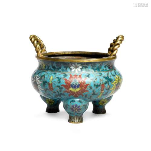 A cloisonné enamel 'rope-twist' handle tripod censer...