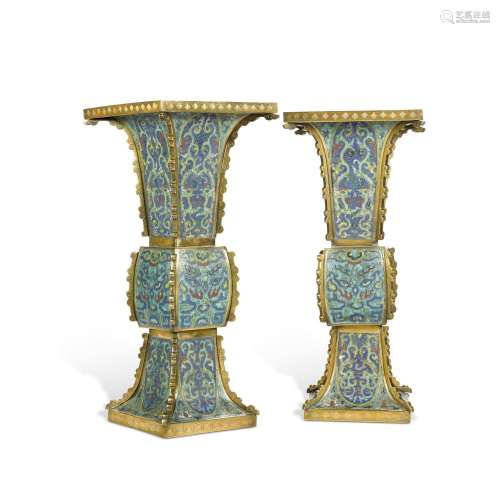 A pair of cloisonné enamel square Gu-form vases, Qing dynast...