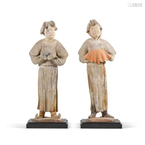 Two painted pottery ladies, Tang dynasty  |  唐 陶加彩女俑一...