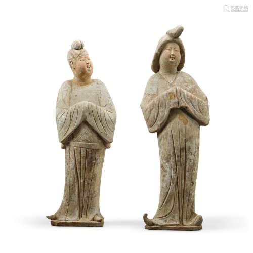 Two monumental pottery figures, Tang dynasty  | 唐 陶侍女及文...