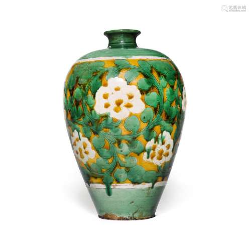 An extremely rare sancai-glazed 'peony' meiping, Jin...