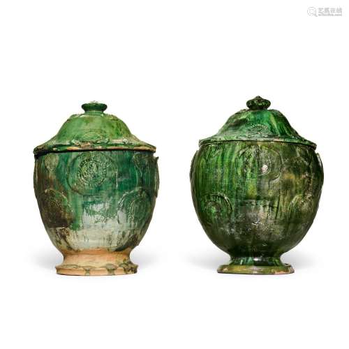 A pair of green-glazed pottery jars and covers, Probably Son...