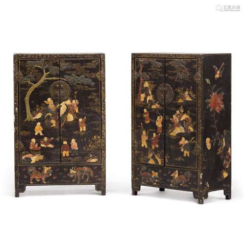 A pair of hardstone embellished 'boys' lacquer cabin...