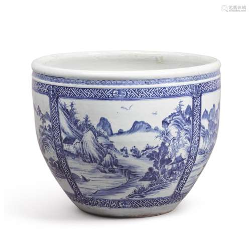 A blue and white 'landscape' jardinière, Qing dynast...