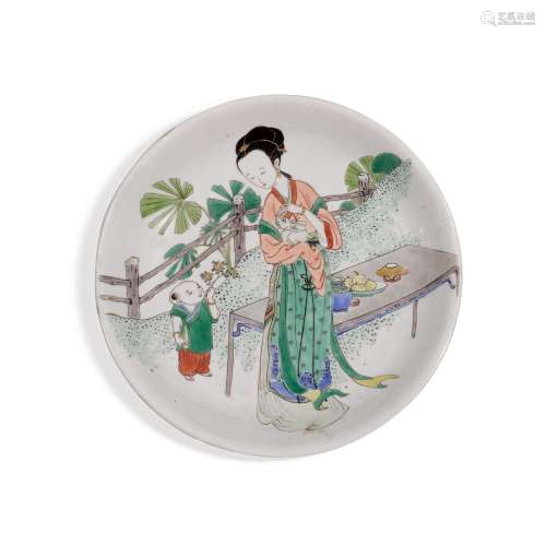A famille-verte 'lady and child' dish, Qing dynasty,...