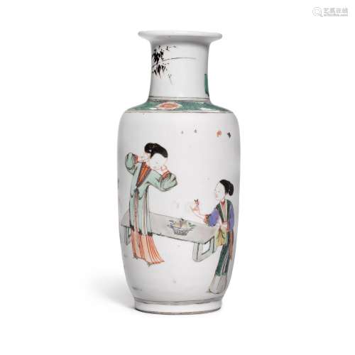 A famille-verte 'figural' rouleau vase, Qing dynasty...