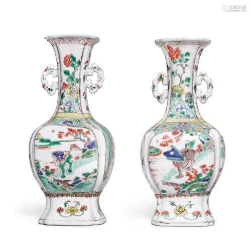 Two famille-verte quadrilobed 'mythical beast' vases...
