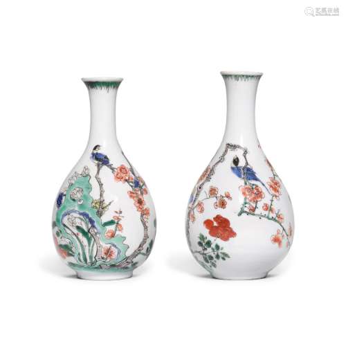 Two famille-verte 'flowers and bird' bottle vases, Q...