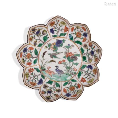A famille-verte 'flowers and birds' lotus-shaped dis...