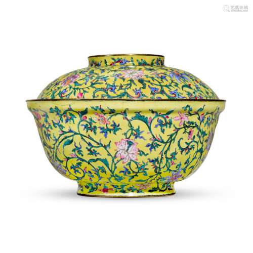 A Canton enamel yellow-ground 'floral' bowl and cove...