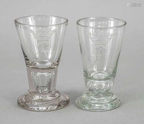 Two schnapps glasses, 19th century,