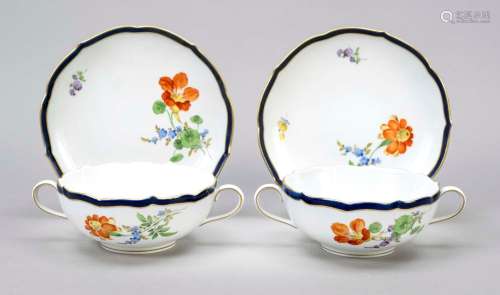 Two soup cups with saucer, Meissen,