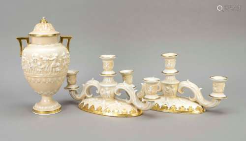 Lidded vase and 2 candlesticks, by S