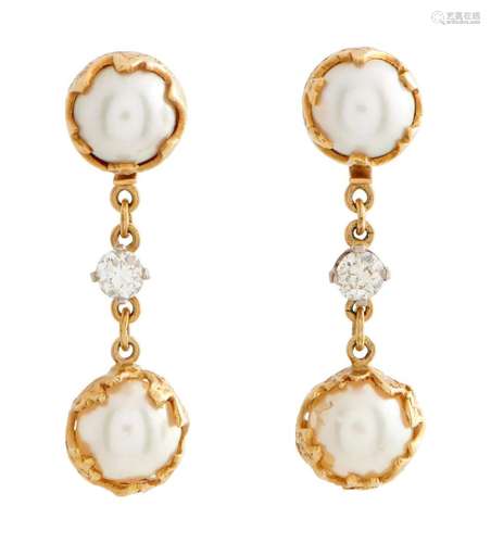 PAIR OF 18CT TWO-TONE GOLD, PEARL AND DIAMOND EARRINGS