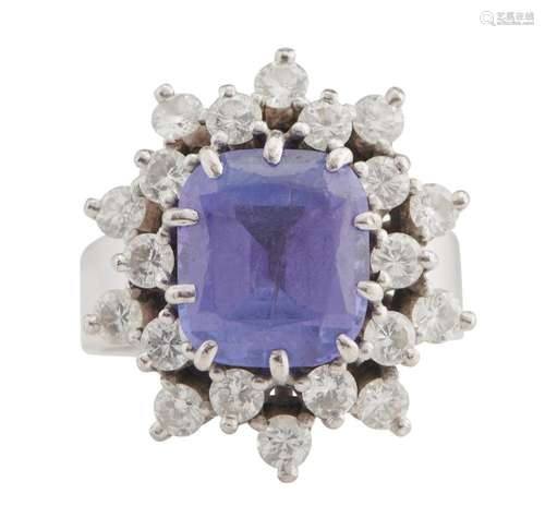 18CT WHITE GOLD, PALLADIUM, TANZANITE AND DIAMOND RING