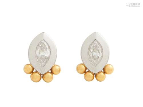 GEORG JENSEN, PAIR OF PLATINUM, 18CT GOLD AND DIAMOND EARRIN...