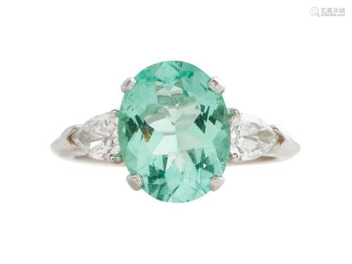 PLATINUM, EMERALD AND DIAMOND RING