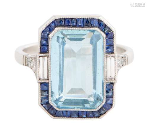 PLATINUM, AQUAMARINE, SAPPHIRE AND DIAMOND RING