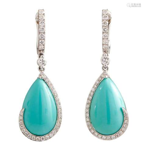 HARDY BROTHERS, PAIR OF 18CT WHITE GOLD, TURQUOISE AND DIAMO...