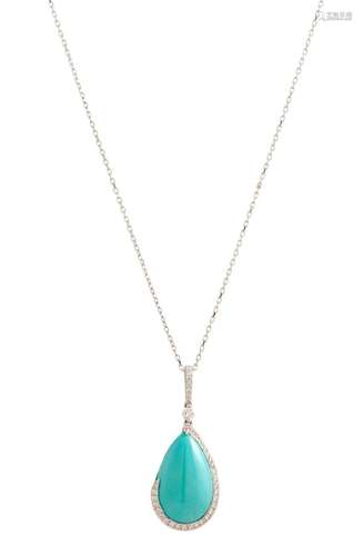 HARDY BROTHERS, 18CT WHITE GOLD, TURQUOISE AND DIAMOND PENDA...