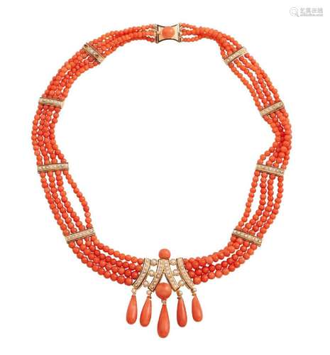 18CT GOLD, CORAL, PEARL AND ENAMEL NECKLACE, FRENCH