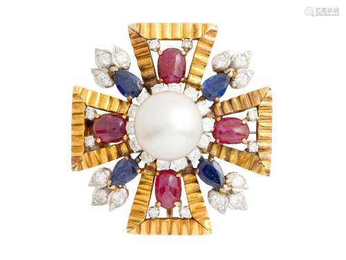 TRIO, 18CT TWO-TONE GOLD, SOUTH SEA PEARL AND GEM-SET BROOCH