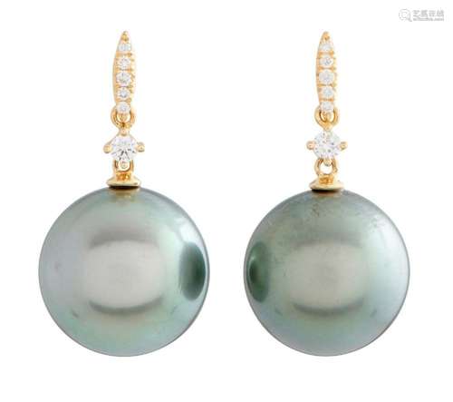 PAIR OF 18CT GOLD, TAHITIAN PEARL AND DIAMOND EARRINGS