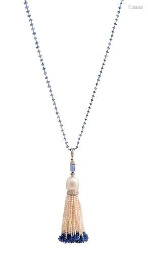 18CT WHITE GOLD, SOUTH SEA PEARL, SAPPHIRE AND DIAMOND SAUTO...