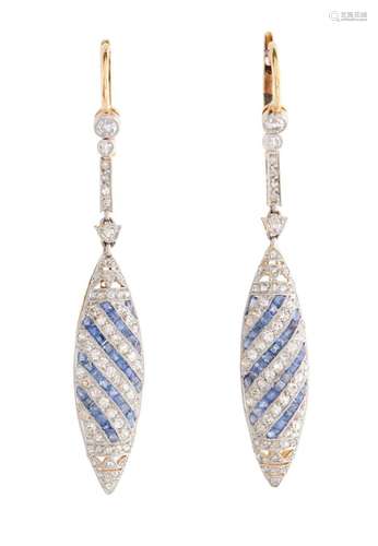 PAIR OF 18CT GOLD, PLATINUM SAPPHIRE AND DIAMOND EARRINGS