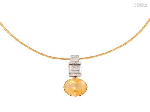 14CT TWO-TONE GOLD, SAPPHIRE AND DIAMOND PENDANT