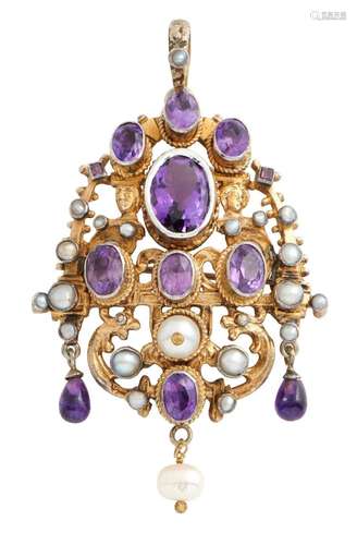 SILVER GILT, AMETHYST AND PEARL BROOCH/PENDANT, AUSTRO-HUNGA...