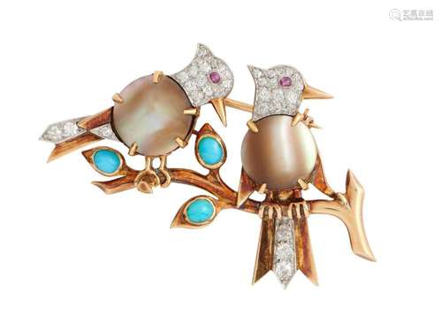 14CT GOLD, PLATINUM, DIAMOND AND GEM-SET BROOCH