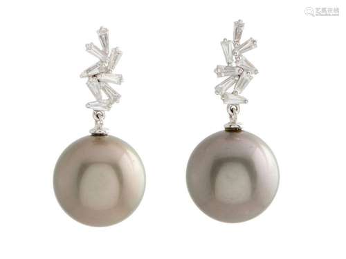 PAIR OF 18CT WHITE GOLD AND TAHITIAN PEARL EARRINGS