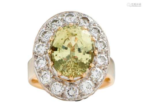 18CT TWO-TONE GOLD, CHRYSOBERYL AND DIAMOND RING