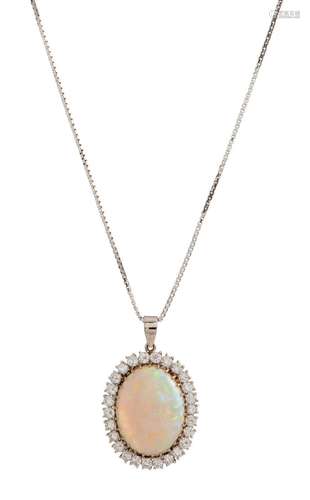 18CT WHITE GOLD, OPAL AND DIAMOND NECKLACE