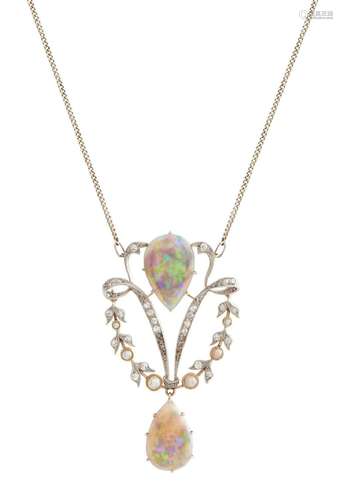 9CT GOLD, SILVER, OPAL, PEARL AND DIAMOND PENDANT, CIRCA 190...