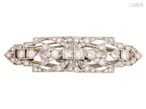 PLATINUM, 14CT WHITE GOLD AND DIAMOND DOUBLE CLIP BROOCH