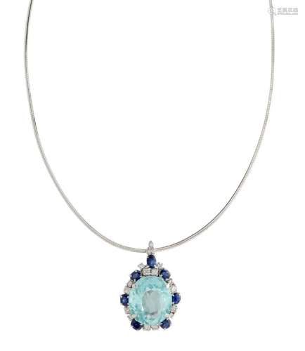 18CT WHITE GOLD, AQUAMARINE, SAPPHIRE AND DIAMOND NECKLACE