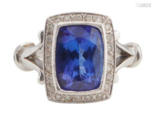 18CT WHITE GOLD, TANZANITE AND DIAMOND RING