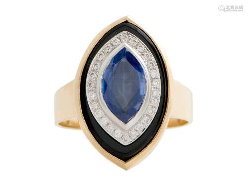 18CT TWO-TONE GOLD, SAPPHIRE, ONYX AND DIAMOND RING