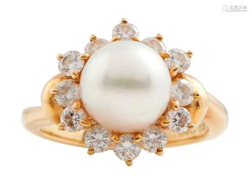 MIKIMOTO, 18CT GOLD, PEARL AND DIAMOND RING