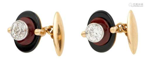 PAIR OF 18CT GOLD, DIAMOND, ONYX AND CARNELIAN CUFFLINKS