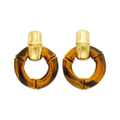 Tiffany & Co. Pair of Gold and Carved Tiger s Eye Hoop P...