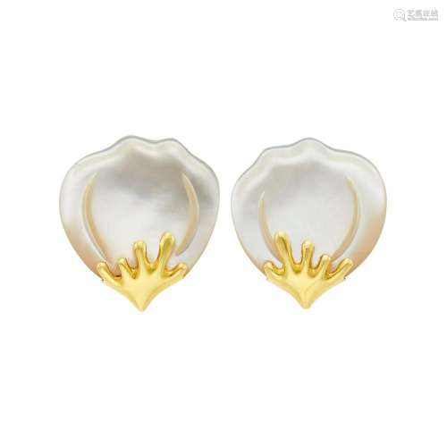 Tiffany & Co. Gold and Carved Mother-of-Pearl Petal Earc...