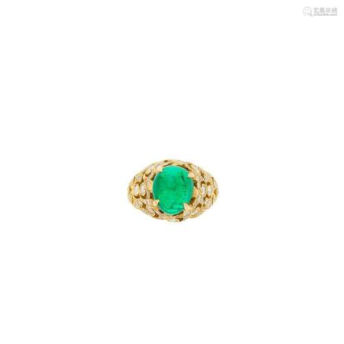 Gold, Cabochon Emerald and Diamond Ring