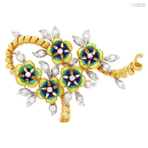 Two-Color Gold, Enamel and Diamond Flower Brooch
