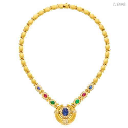 Gold, Cabochon Colored Stone and Diamond Pendant-Necklace
