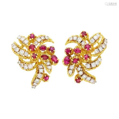 Pair of Gold, Ruby and Diamond Earrings