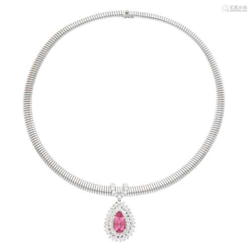 White Gold Snake Link Necklace with Platinum, Pink Tourmalin...