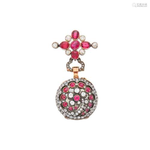 Antique Gold, Silver, Diamond, Red Spinel and Ruby Lapel-Wat...